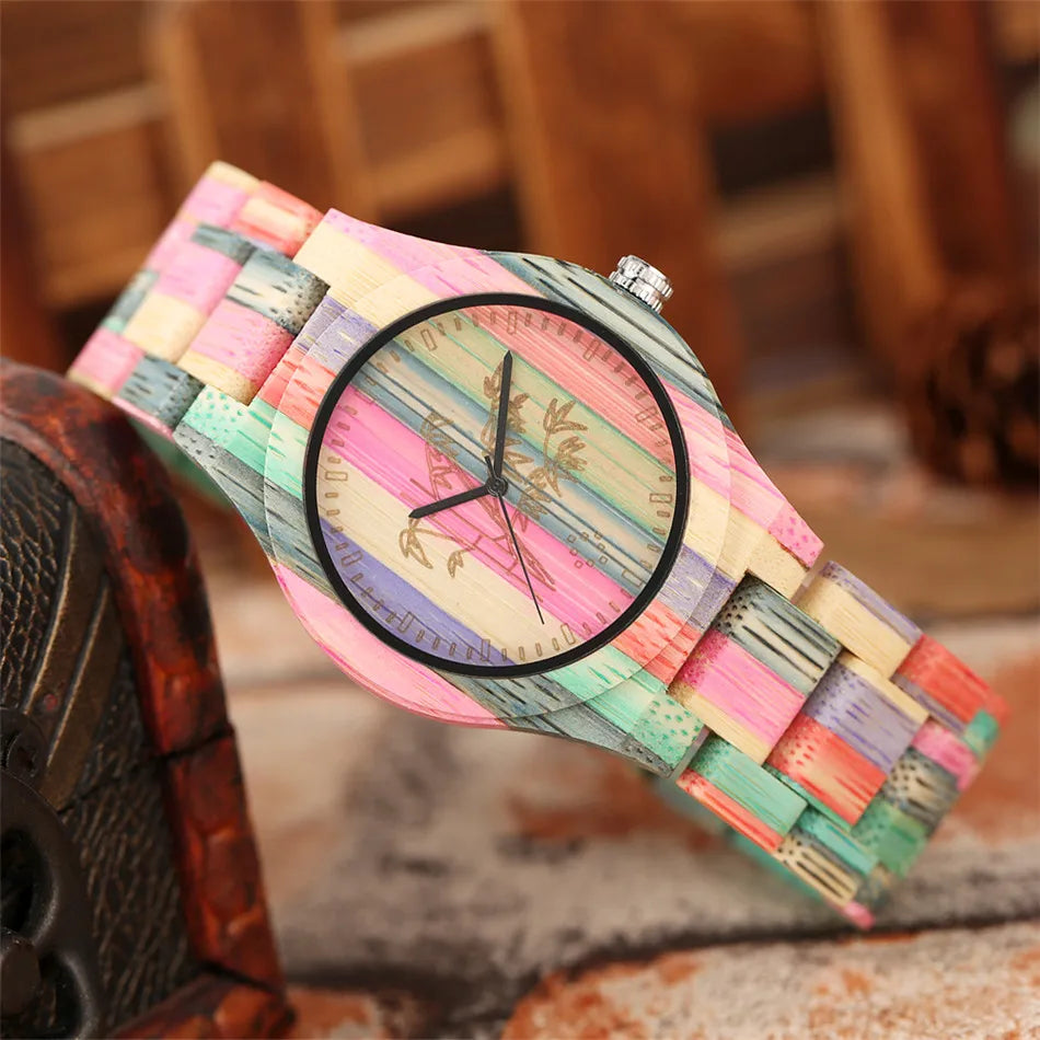 Vintage Stylish Colorful Bamboo Wood Quartz Wristwatch for Men Women Folding Clasp Full Wooden Strap Couples Watches