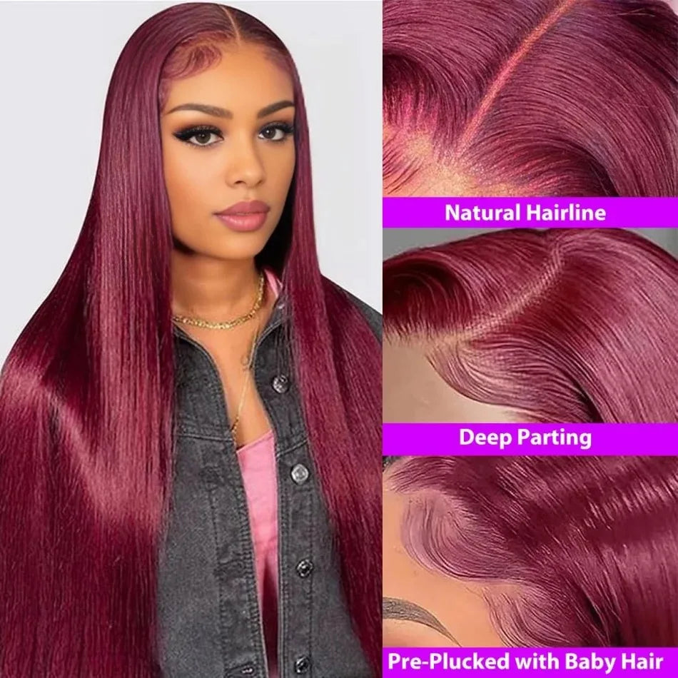 26 36 Inch 99J Colored 13x6 Lace Front Human Hair Wig Straight Burgundy 13x4 HD Transparent Lace Frontal Wigs Red Wigs For Women