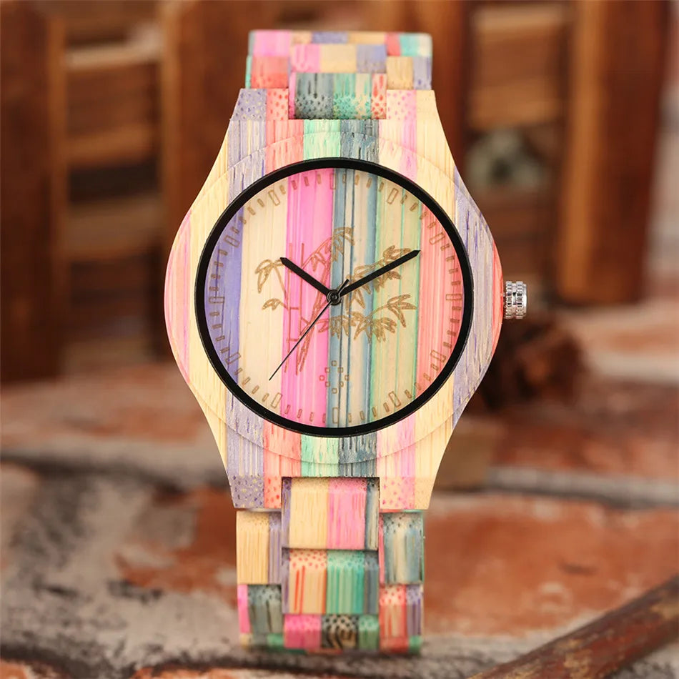Vintage Stylish Colorful Bamboo Wood Quartz Wristwatch for Men Women Folding Clasp Full Wooden Strap Couples Watches