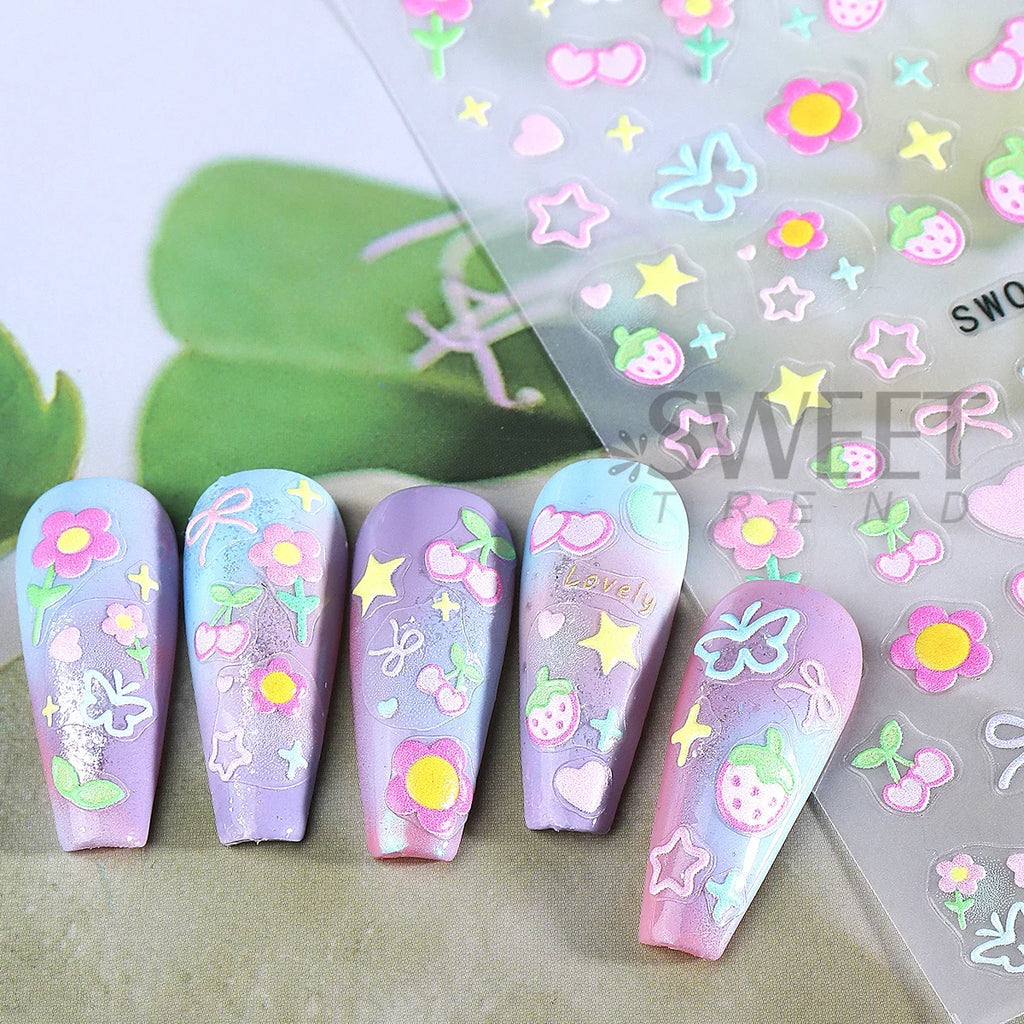 2pcs Sweet Element Nail Art Stickers Simple Flower Heart Cherry Strawberry Kawaii Decals Colorful Bow Butterfly Manicure Sliders
