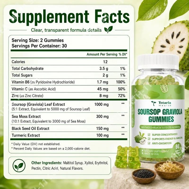 Soursop Graviola Gummies with Sea Moss Black Seed Oil Vitamin Energy Antioxidant Immune Wellness Support 60 Count