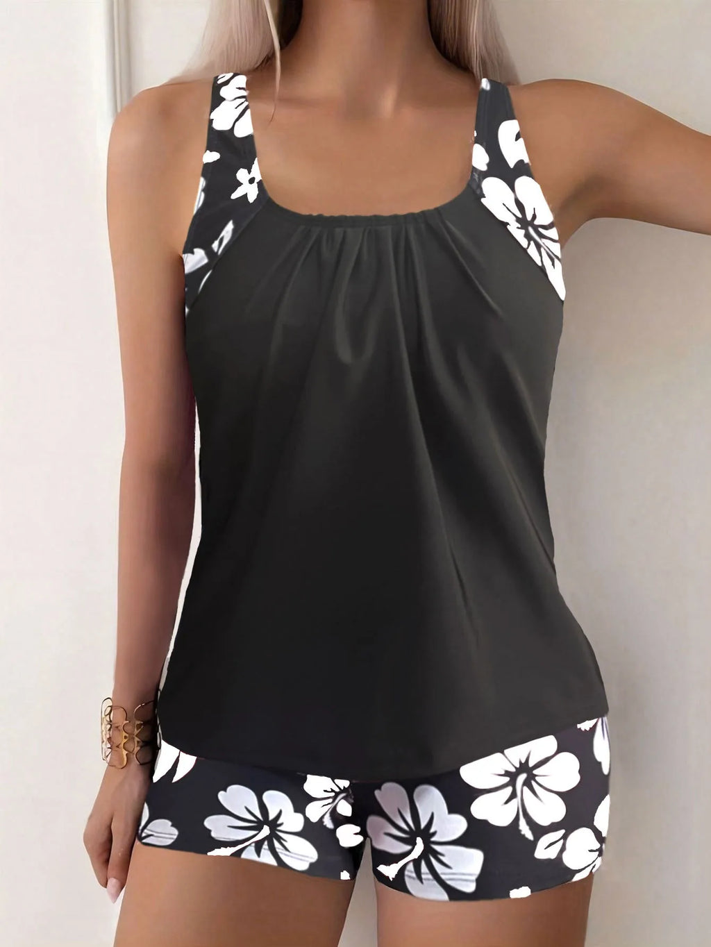 Woman Tankini With Shorts Swimwear Modest Swimwear Woman Tankini Top Halter Neck Floral Print Tankini Set Black Base High Waist