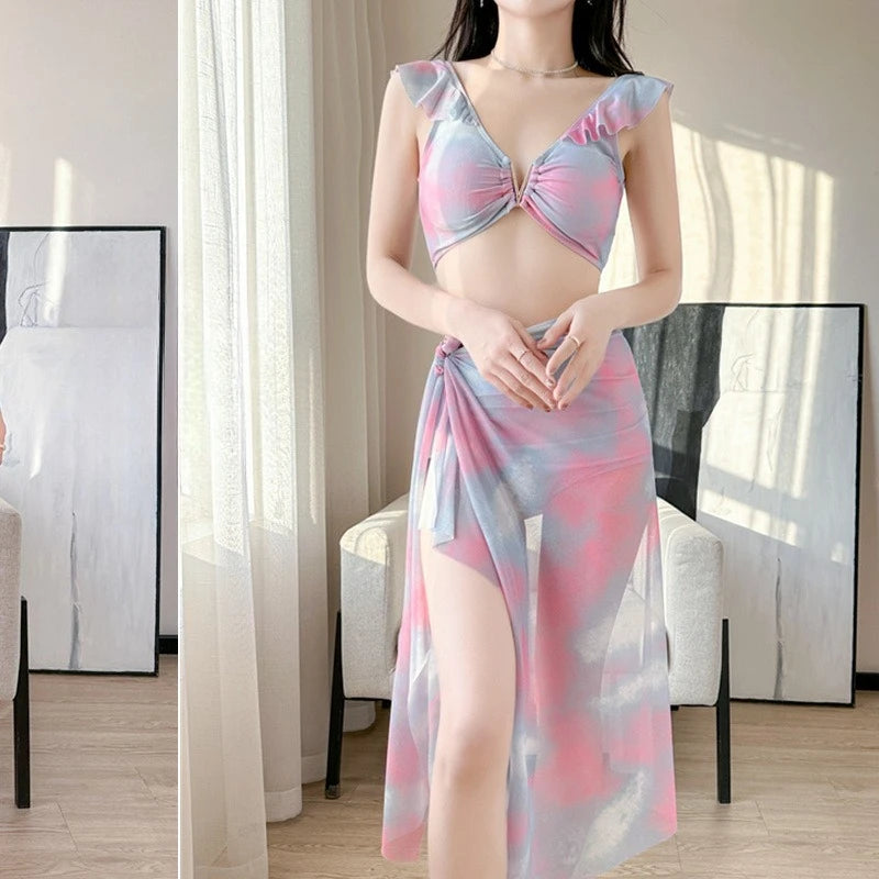 2026 Summer Women Swimwear Sexy Bikini Sets with Cover Up Three Piece Padded Push Up Bathing Suit Fairy Floral for Holiday