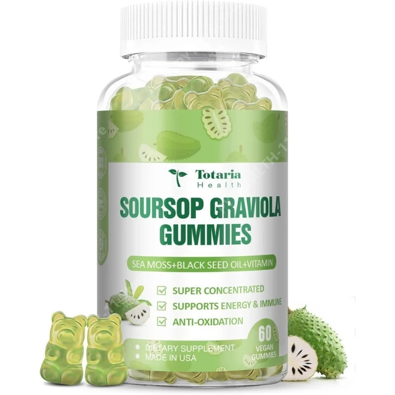 Soursop Graviola Gummies with Sea Moss Black Seed Oil Vitamin Energy Antioxidant Immune Wellness Support 60 Count