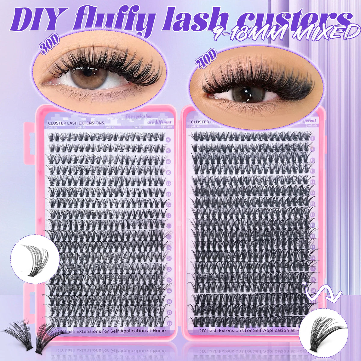 720/200pcs eyelash Extension Kit Fluffy Eyelash Extension kit with Lash Bond and Seal Lash Tweezers Thick Lash Clusters Wispy