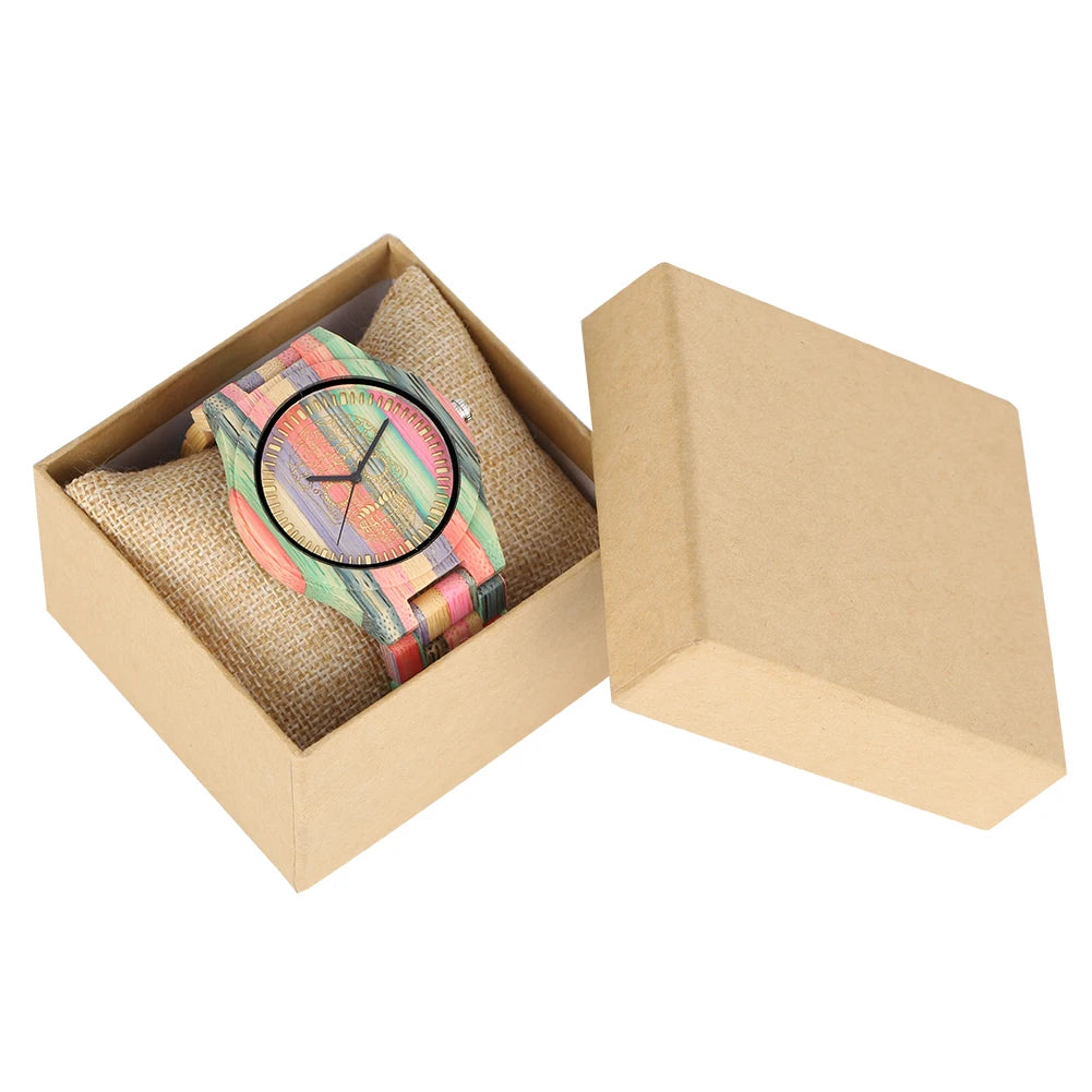 Vintage Stylish Colorful Bamboo Wood Quartz Wristwatch for Men Women Folding Clasp Full Wooden Strap Couples Watches