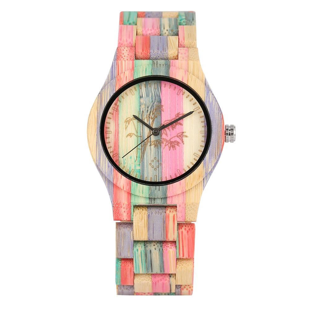 Vintage Stylish Colorful Bamboo Wood Quartz Wristwatch for Men Women Folding Clasp Full Wooden Strap Couples Watches