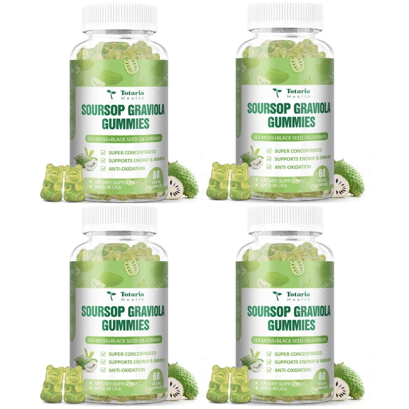 Soursop Graviola Gummies with Sea Moss Black Seed Oil Vitamin Energy Antioxidant Immune Wellness Support 60 Count