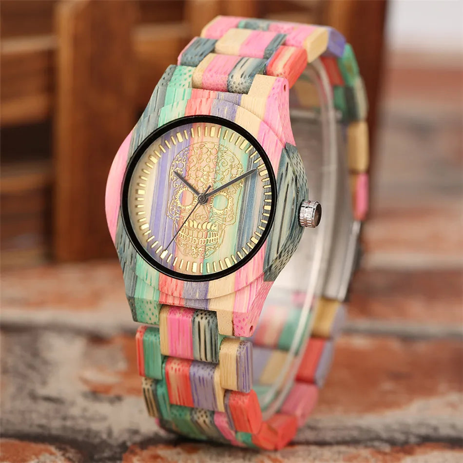 Vintage Stylish Colorful Bamboo Wood Quartz Wristwatch for Men Women Folding Clasp Full Wooden Strap Couples Watches