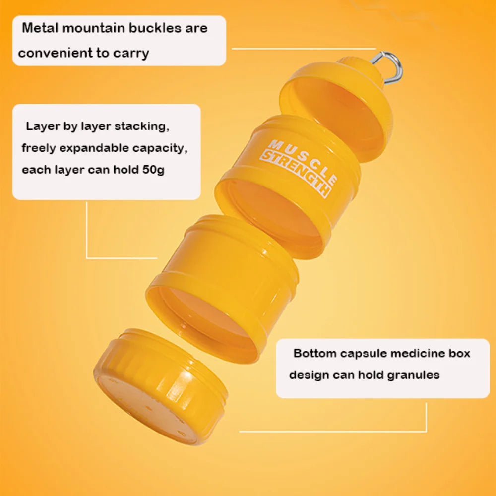1/2/3-layer Portable Protein Powder Box with Mountaineering Buckle Funnel Powder Box Fitness Supplement Bottle Handle Layered