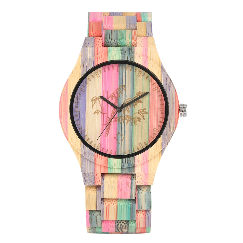 Vintage Stylish Colorful Bamboo Wood Quartz Wristwatch for Men Women Folding Clasp Full Wooden Strap Couples Watches