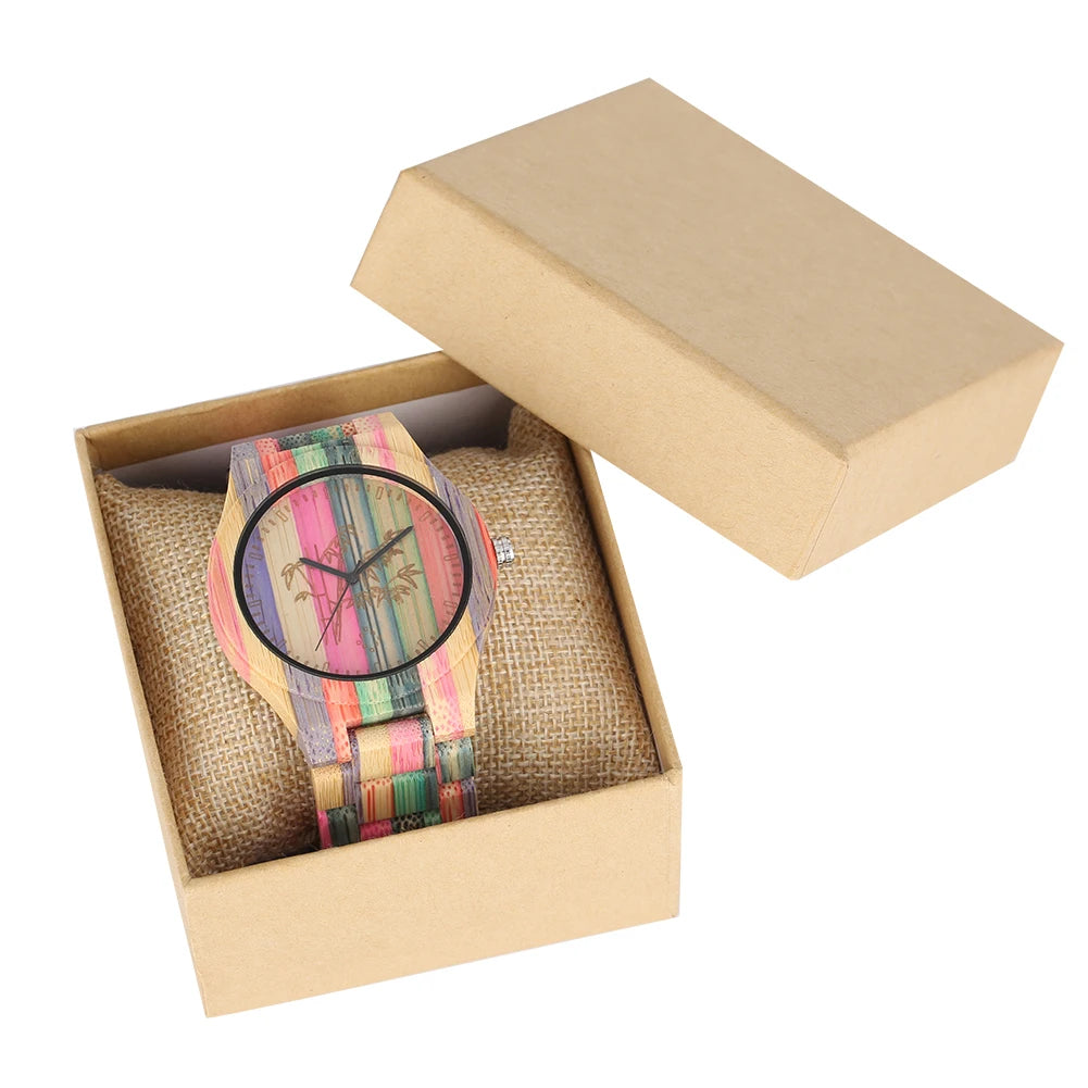 Vintage Stylish Colorful Bamboo Wood Quartz Wristwatch for Men Women Folding Clasp Full Wooden Strap Couples Watches