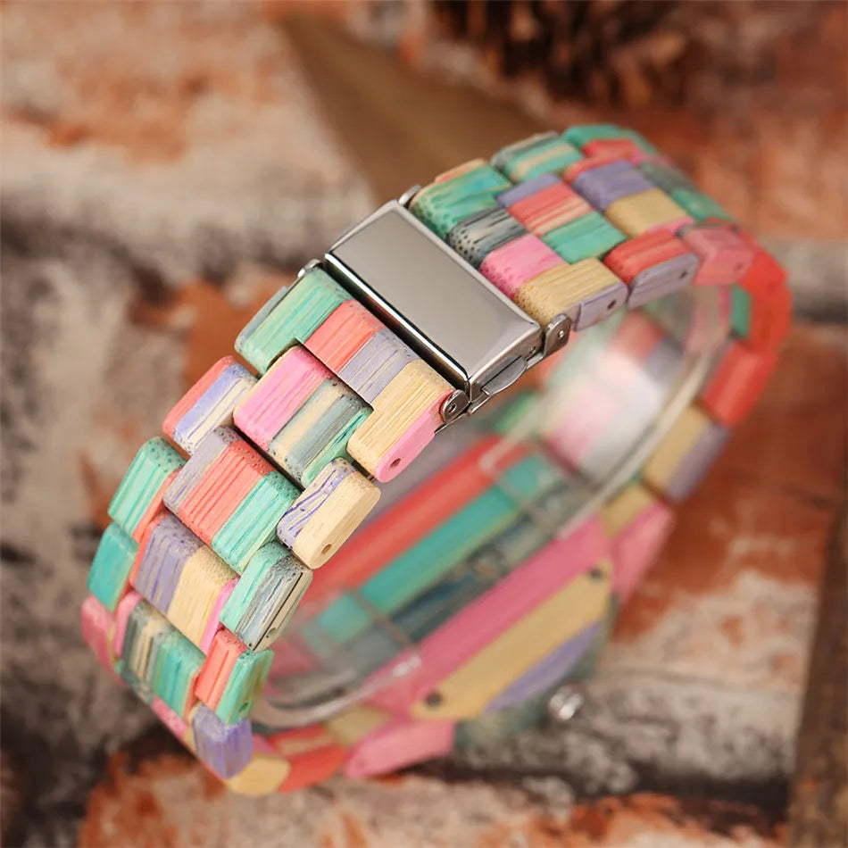 Vintage Stylish Colorful Bamboo Wood Quartz Wristwatch for Men Women Folding Clasp Full Wooden Strap Couples Watches