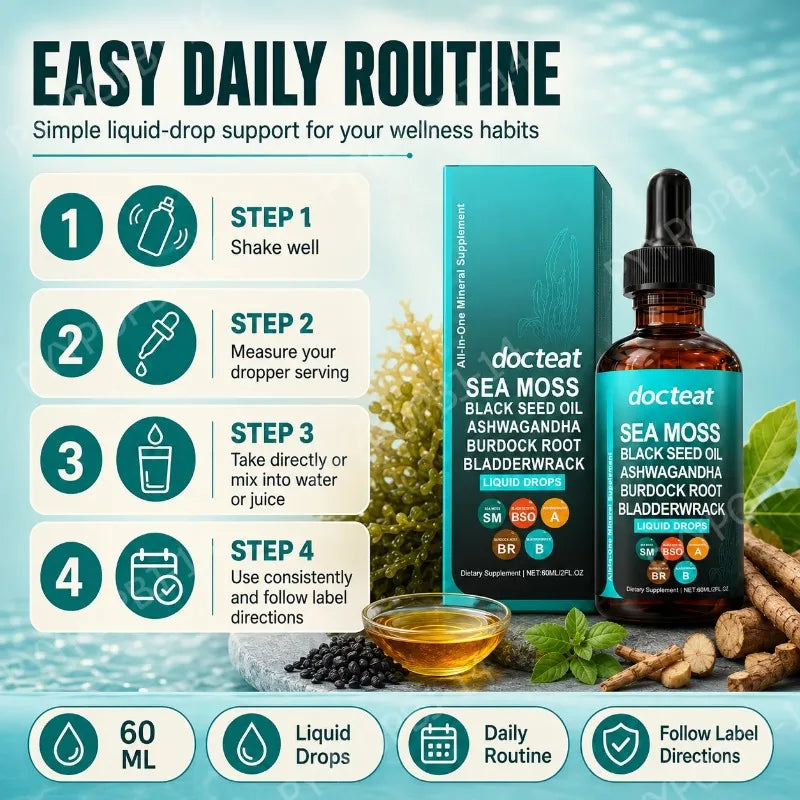 Docteat Sea Moss Liquid Drops 60ML Intestinal Health Digestion Skin Moisture Immune Support Nutritional Supplement
