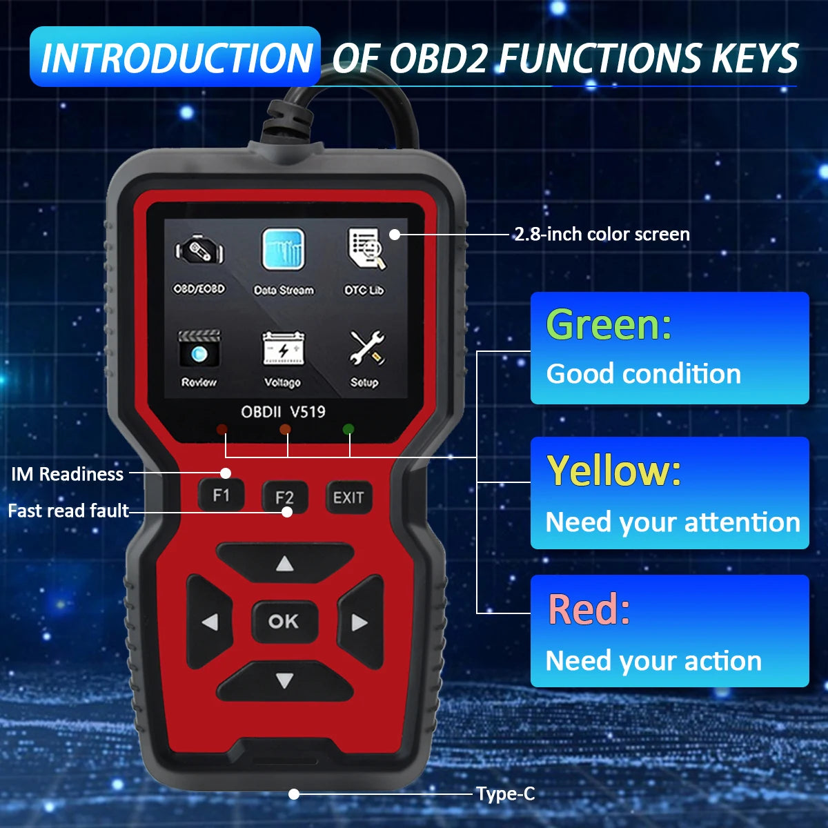 Car OBD2 Scanner Diagnostic Tool Code Reader, Car Voltage Tester Engine Fault Code Scanner, Charging Tester Diagnostic Tool V519