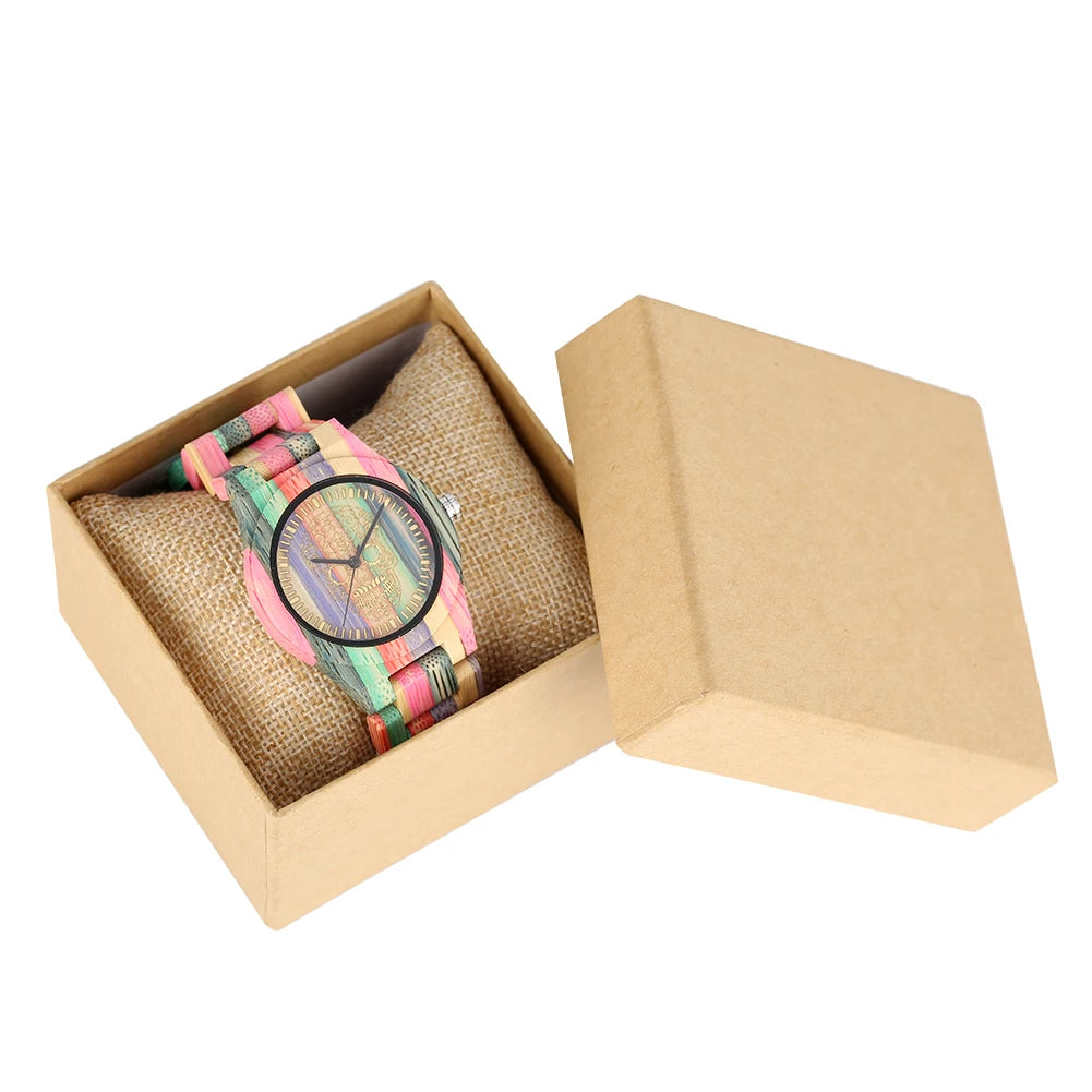 Vintage Stylish Colorful Bamboo Wood Quartz Wristwatch for Men Women Folding Clasp Full Wooden Strap Couples Watches