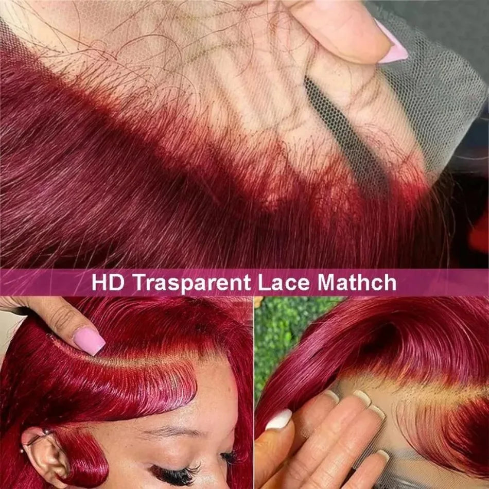 26 36 Inch 99J Colored 13x6 Lace Front Human Hair Wig Straight Burgundy 13x4 HD Transparent Lace Frontal Wigs Red Wigs For Women