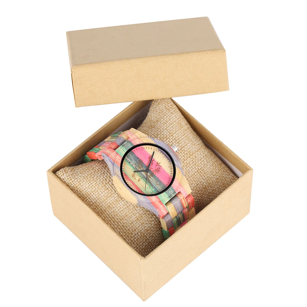 Vintage Stylish Colorful Bamboo Wood Quartz Wristwatch for Men Women Folding Clasp Full Wooden Strap Couples Watches