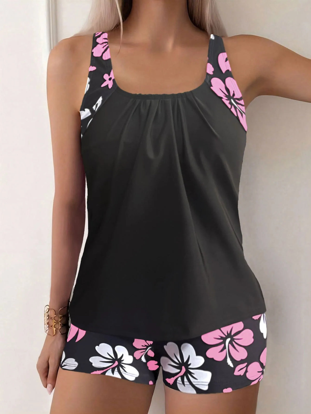 Woman Tankini With Shorts Swimwear Modest Swimwear Woman Tankini Top Halter Neck Floral Print Tankini Set Black Base High Waist