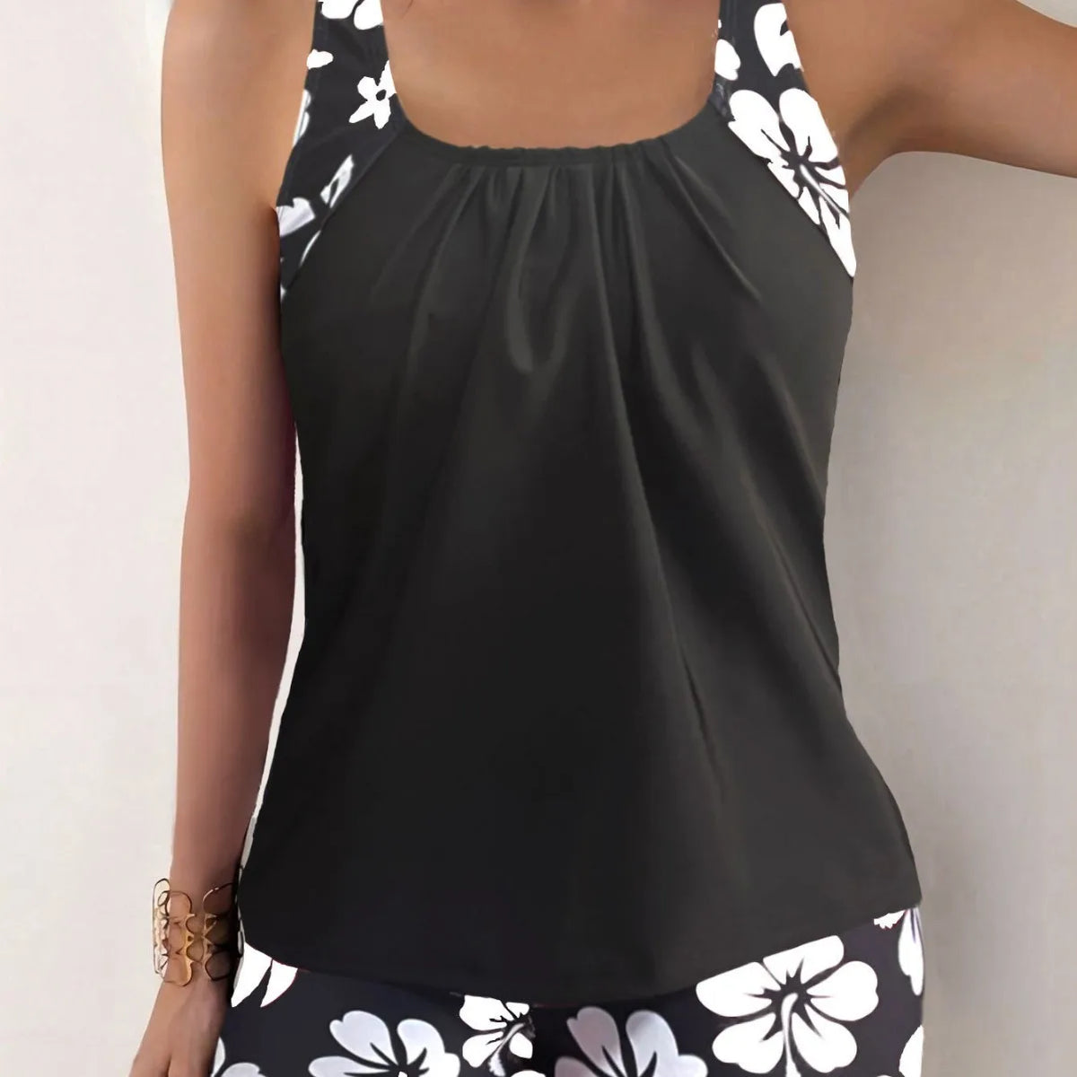 Woman Tankini With Shorts Swimwear Modest Swimwear Woman Tankini Top Halter Neck Floral Print Tankini Set Black Base High Waist