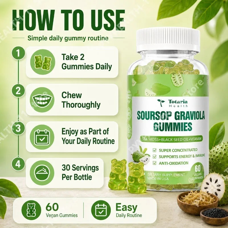 Soursop Graviola Gummies with Sea Moss Black Seed Oil Vitamin Energy Antioxidant Immune Wellness Support 60 Count