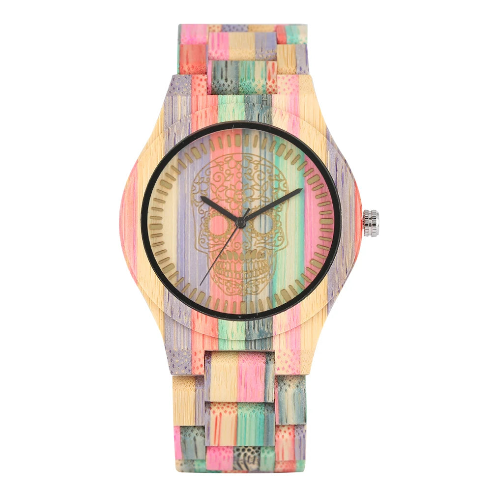 Vintage Stylish Colorful Bamboo Wood Quartz Wristwatch for Men Women Folding Clasp Full Wooden Strap Couples Watches