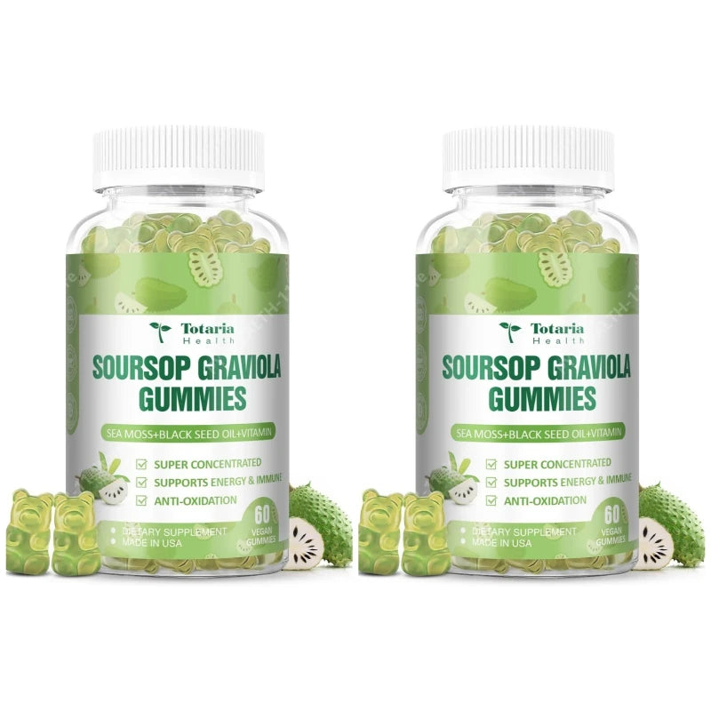 Soursop Graviola Gummies with Sea Moss Black Seed Oil Vitamin Energy Antioxidant Immune Wellness Support 60 Count