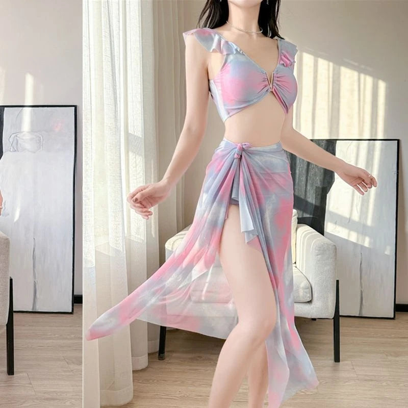 2026 Summer Women Swimwear Sexy Bikini Sets with Cover Up Three Piece Padded Push Up Bathing Suit Fairy Floral for Holiday