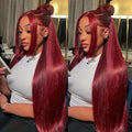 26 36 Inch 99J Colored 13x6 Lace Front Human Hair Wig Straight Burgundy 13x4 HD Transparent Lace Frontal Wigs Red Wigs For Women