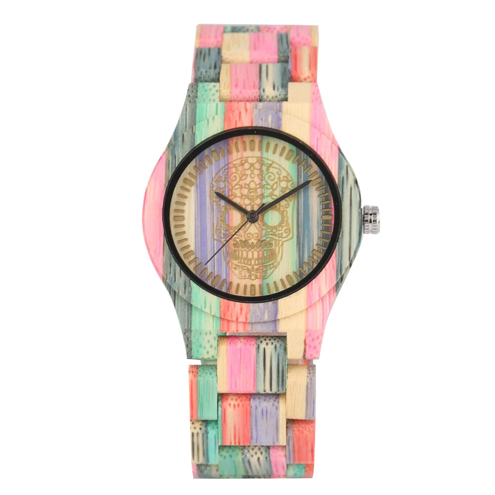Vintage Stylish Colorful Bamboo Wood Quartz Wristwatch for Men Women Folding Clasp Full Wooden Strap Couples Watches