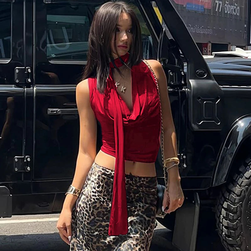 Women's Sexy Sleeveless V-Neck Solid Tank Top Fashion Bandage Streetwear Casual Slim Fit Elegant Knitted Summer Lady's Clothing