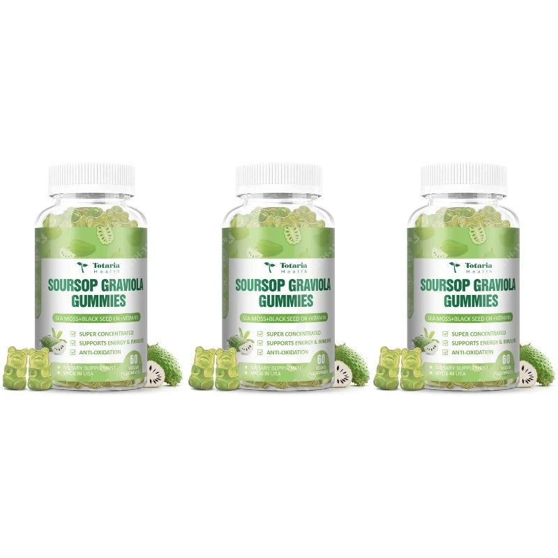 Soursop Graviola Gummies with Sea Moss Black Seed Oil Vitamin Energy Antioxidant Immune Wellness Support 60 Count